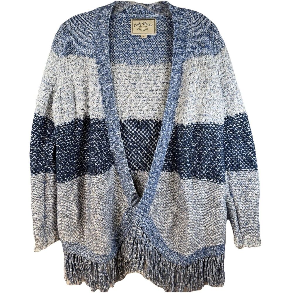 Lucky Brand Open Sweater Blue Striped Knit Fringe Western Mixed Media Artsy Sz S